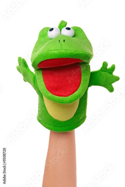 Obraz Ręczna marionetka żaba izolowana na białych, szczęśliwych emocjach.