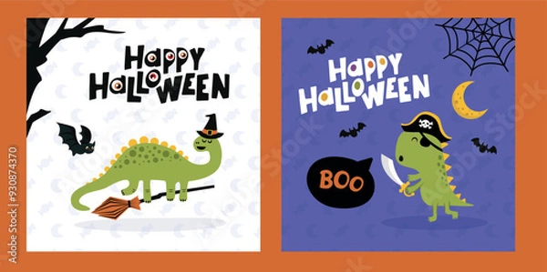 Fototapeta Happy Halloween illustration set with dinosaurs in pirate and witch costumes.