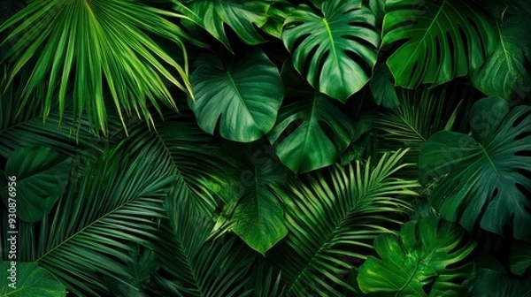 Fototapeta Group background of dark green tropical leaves ( monstera, palm, coconut leaf, fern, palm leaf,bananaleaf) Panorama background. concept of nature , ai