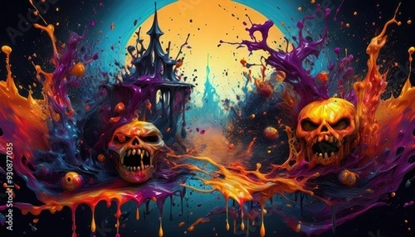 Fototapeta Vibrant Halloween Artwork Featuring Skulls and Spooky Castle
