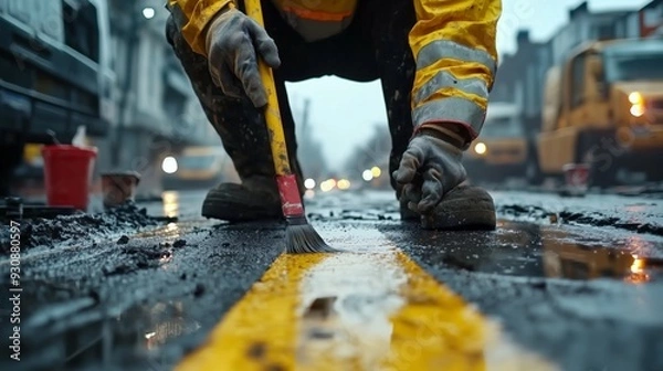 Obraz Worker Painting Road Marking with Brush.