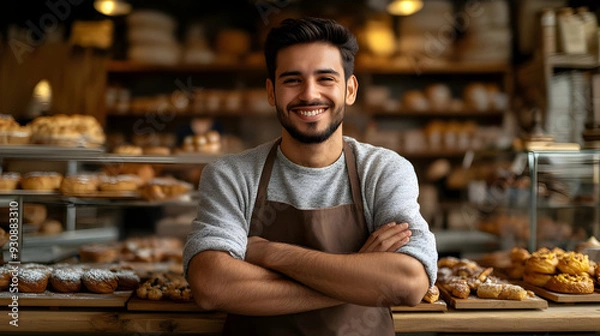 Fototapeta Smiling male baker standing in front of a display case of pastries.
