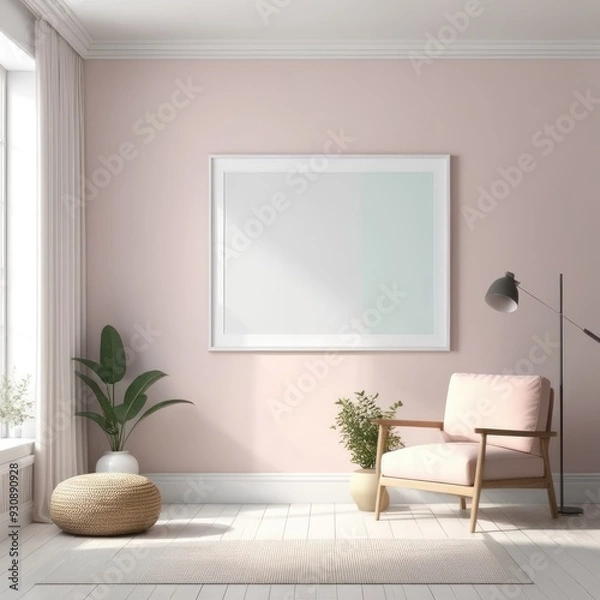 Fototapeta Mockup plain white frame in interior background, room with light pastel colors, 3d rendering