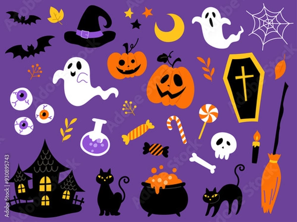 Fototapeta 手描きのハロウィンセット紫背景_ベクターイラスト