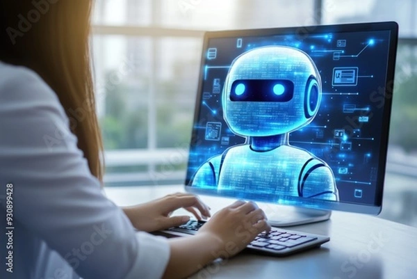 Obraz A businessperson reviews an AI-powered chatbot on their computer, focusing on the system's ability to manage customer interactions effectively