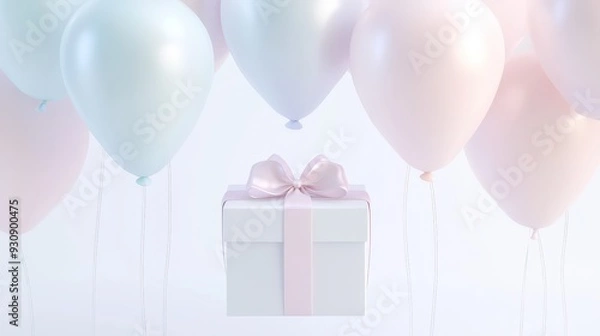 Fototapeta A white box with a pink ribbon is surrounded by balloons
