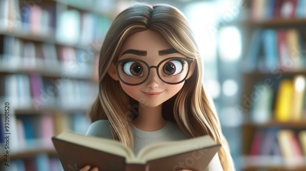 Fototapeta 3D Cartoon of a Beautiful and Hardworking University Student