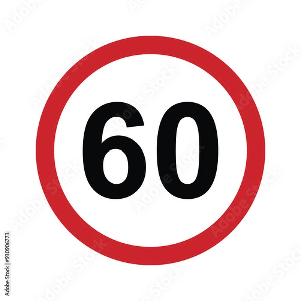 Obraz Speed limit 60 round road traffic icon sign flat style design vector illustration isolated on white background. Circle standard road sign with number 60kmh.