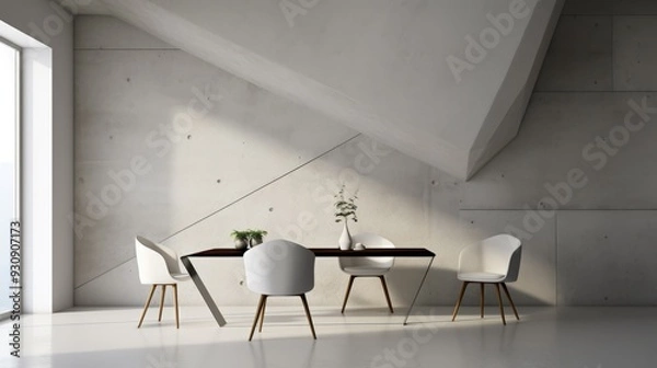 Fototapeta Modern Minimalist Dining Room with Concrete Wall