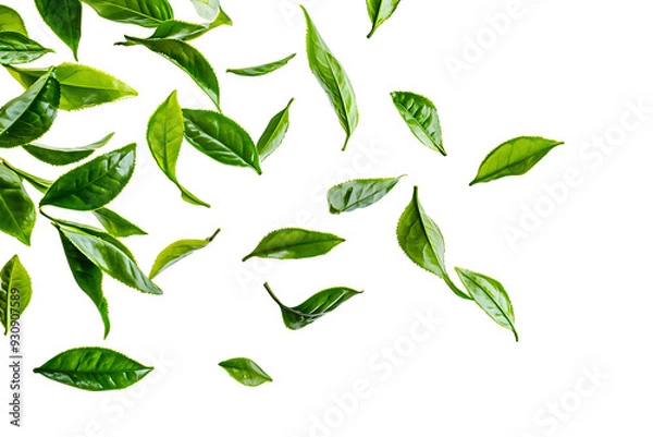 Fototapeta A vibrant arrangement of fresh green tea leaves scattered across a clean white background. The floating leaves create a dynamic, natural pattern with ample copy space