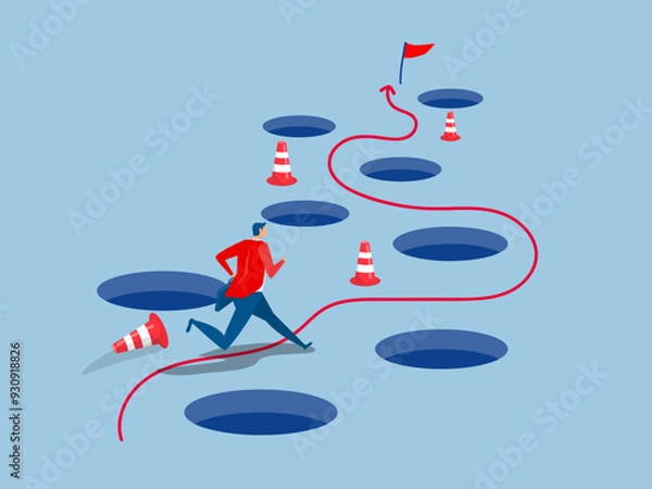 Fototapeta Avoid pitfall Planning and obstacle avoidance concept, business failure, skill and creativity to solve problem  with many pitfalls to achieve business success vector