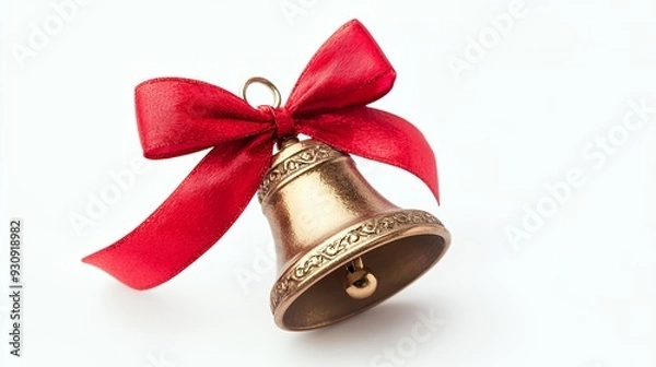 Fototapeta A decorative bronze bell adorned with a red ribbon, symbolizing celebration and joy.