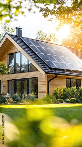 Obraz A house with a large roof and a lot of windows. The house is surrounded by a lush green lawn