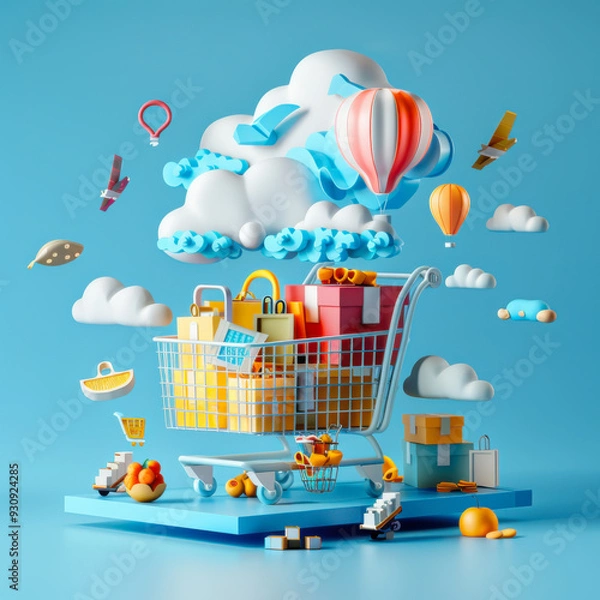 Fototapeta add of discounter racks with a lot of deals and flying percentage 3d Symbols