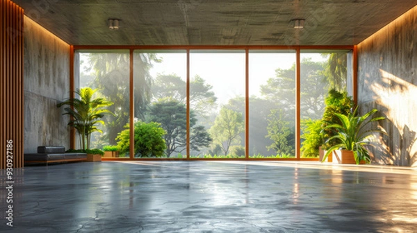 Fototapeta Modern contemporary empty hall nature render overlooking  living room behind  concrete floors