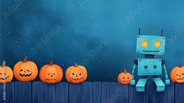 Fototapeta Robot sitting on a fence with pumpkins under a starry night sky during Halloween.