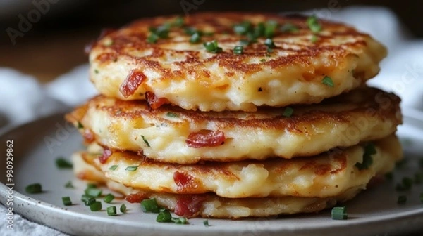 Fototapeta A close-up of golden potato pancakes, topped with finely grated cheese and sprinkled with fresh green chives. The crisp edges and soft texture of the pancakes are highlighted in appetizing detail.