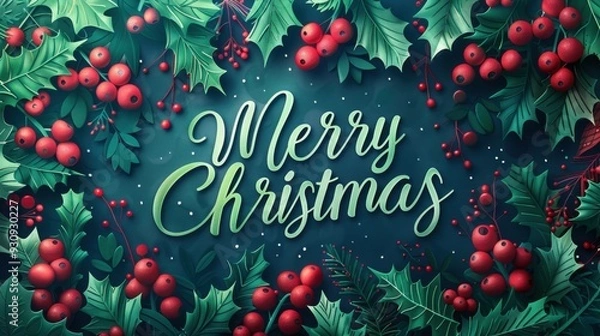 Fototapeta Christmas Card Design with Paper-Cut Christmas Tree and "Merry Christmas" in Whimsical Script, Vibrant Green Layers and Golden Stars