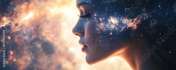 Obraz A mesmerizing profile portrait blending human beauty with cosmic elements, illustrating the connection between mind and universe.