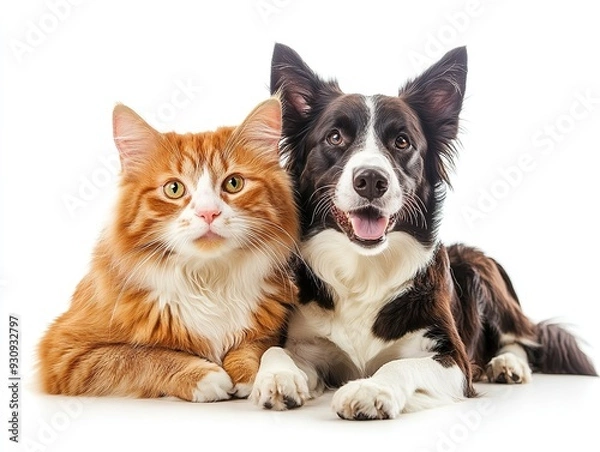 Fototapeta Adorable Australian Shepherd and Cat Duo Pose Together, Playful and Content, Gazing at Camera on a Clean White Background. Companionship and Pet Friendship Concepts.