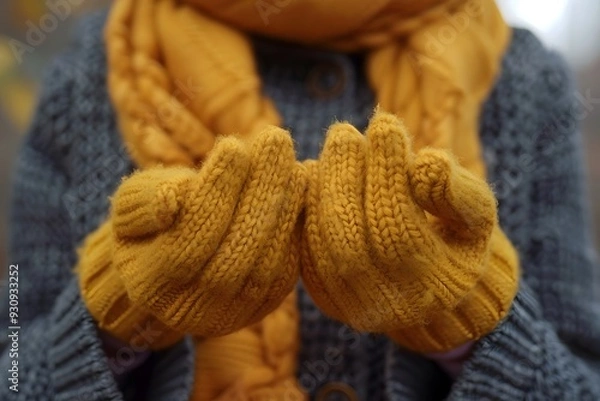Fototapeta Cozy gloves designed with soft thick fabric, ideal for providing warmth and style during winter months, suitable for outdoor activities and everyday use