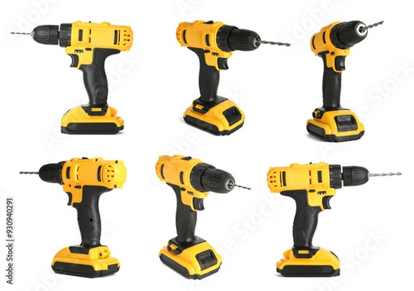 Fototapeta Cordless drill isolated on white, views from different sides