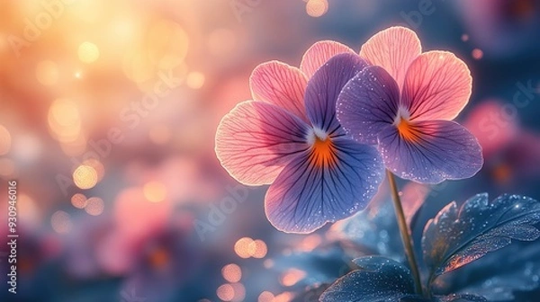 Fototapeta Delicate Purple and Pink Flowers with Dewdrops and Bokeh