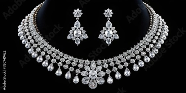 Fototapeta Large diamond jewelry set against a black background, luxurious, expensive, elegant, sparkly, precious, extravagant