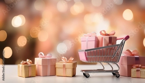 Obraz An elegant design featuring shopping cart shopping gift boxes, business sale commerce concept and beautiful vibrant bokeh background, Generative AI
