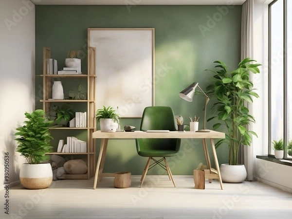 Fototapeta グリーンとホワイトの開放感あふれる洗練された空間　書斎　プライベートオフィス