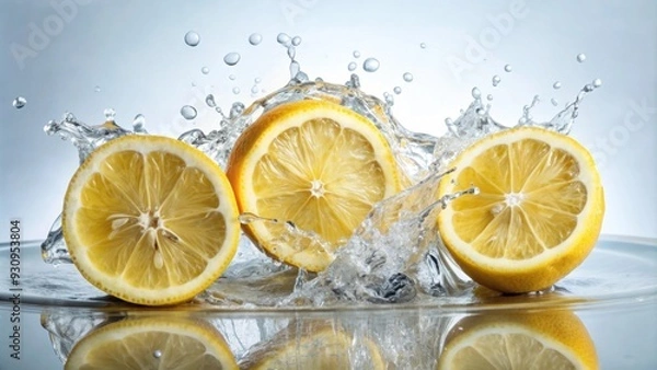 Fototapeta Fresh lemon slices splashing in water, lemon, splash, fresh, fruit, healthy, citrus, yellow, refreshing, juicy, motion