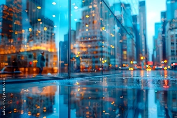 Fototapeta Architectural modern glass building reflecting the cityscape in downtown urban night scene with transparent reflections