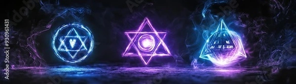 Fototapeta A mystical composition featuring glowing geometric symbols in vibrant colors on a dark background, evoking a sense of magic and wonder.