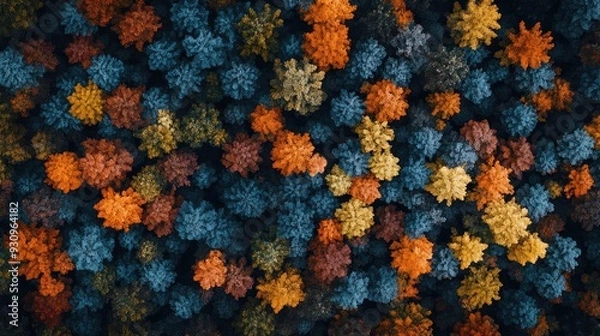 Fototapeta Vibrant aerial view of autumn trees showcasing a stunning mix of colors, perfect for nature-themed projects and backgrounds.