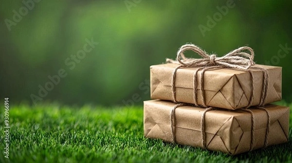 Obraz Eco-friendly gift boxes, recycled paper and twine, natural light, green and beige tones, environmental consciousness, rustic and organic, earthy and warm