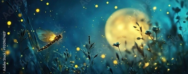 Fototapeta Enchanting scene with glowing fireflies and a luminous moon illuminating a dreamy, mystical landscape.