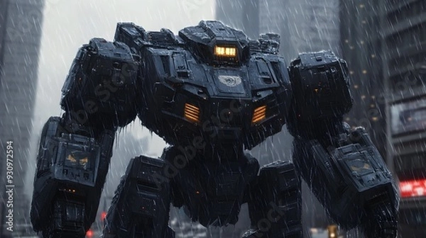 Fototapeta Colossal Mecha War Machine in Moody Urban Environment