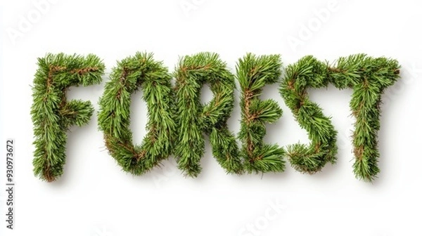 Fototapeta Forest Spelled Out With Pine Needles, Isolated On White Background, Ideal For Nature-Inspired Designs And Outdoor-Themed Promotions . Generative ai