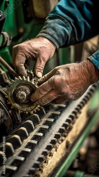 Fototapeta A close-up of a mechanic's hands working on a piece of farm machinery, with detailed gears and components visible
