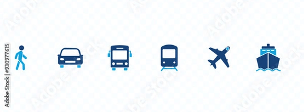 Fototapeta Transport icons set. Auto, bus, train, ship, plane and on foot. Public, travel and delivery transport icons. Vector illustration