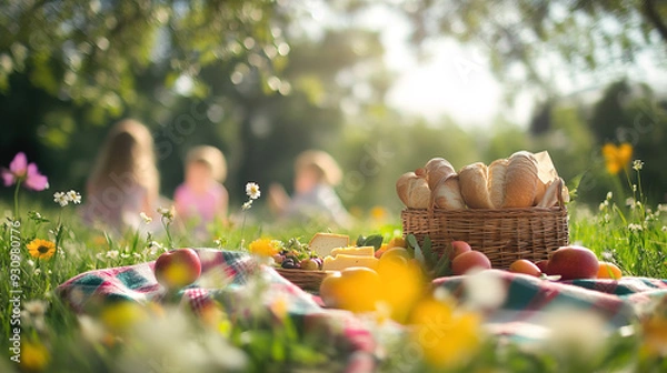 Fototapeta Family having picnic in the park - Peaceful Lakeside Picnic with Fresh Fruits and Bread on a Sunny Summer Day - Clear Day with a Basket of Fresh Fruits and Bread - Peaceful Outdoor Dining by the Water