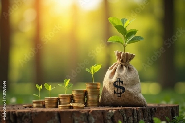 Fototapeta A growing tree with a pile of gold coins and a bag of money. Generative AI