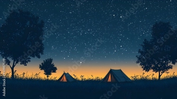 Obraz Tents Pitched in a Grassy Meadow Under a Starry Night Sky with Silhouetted Trees in the Background Offering a Peaceful and Serene Camping Experience in Nature