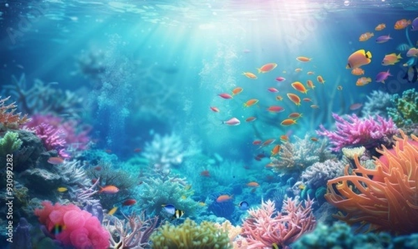 Fototapeta Underwater with colorful sea life fishes and plant at seabed background, Colorful Coral reef landscape in the deep of ocean. Marine life concept, Underwater world scene