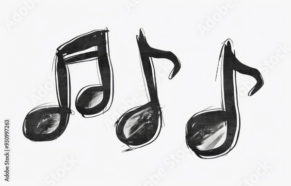 Fototapeta Three musical notes are drawn with charcoal on a white backdrop in a simple style.