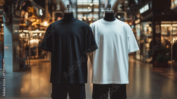 Fototapeta Men's black blank T-shirt template, two sides, natural shape on invisible mannequin, for your design mockup for print, isolated on shop store background. Set Mockup of a white oversized t-shirt 3D