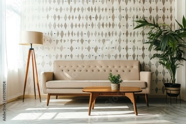 Obraz Elegant mid-century modern interior featuring a couch, coffee table, floor lamp, decorative plant, clean background, and natural lighting in a magazine-style shoot.