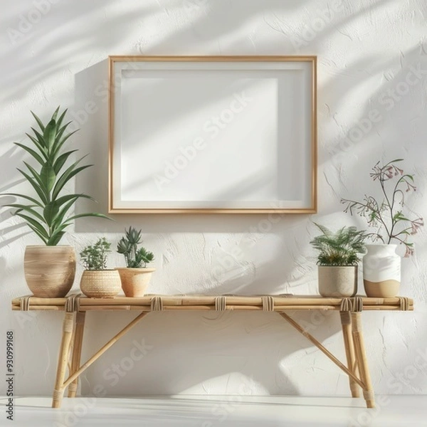 Obraz Modern room with bamboo shelf, photo frame mockup, hipster plant pots, white walls, stylish floral design.