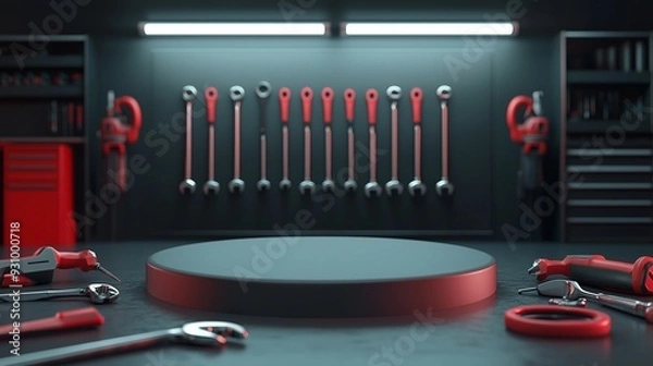 Fototapeta An empty 3D podium with car repair tools such as wrenches and screwdrivers arranged neatly around it, on a clean garage background