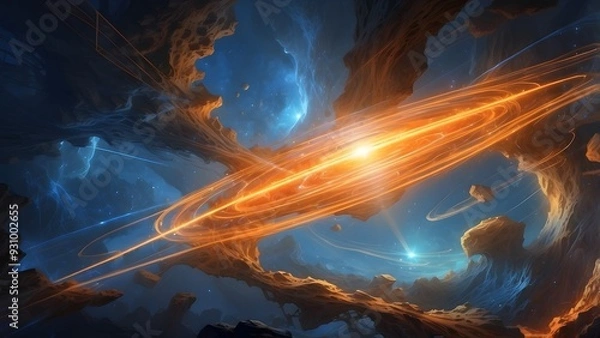 Fototapeta Flash of speed of highly fast glowing lights on roads with futuristic look, shows connectivity and fast communications, vibrant bl 